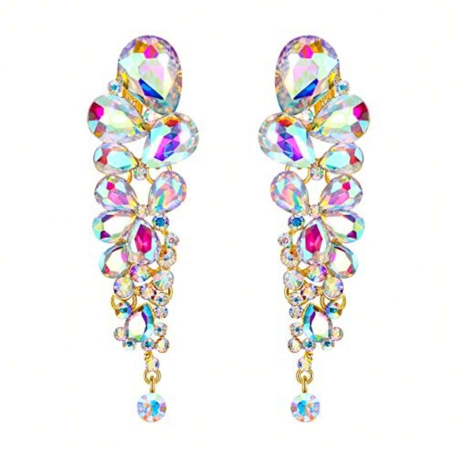 EVER FAITH Rhinestone Cristal Elegante Lágrima Gota de Agua Nupcial Boda Clip on Aretes - Transparente iridiscente AB tono dorado - Ver 1