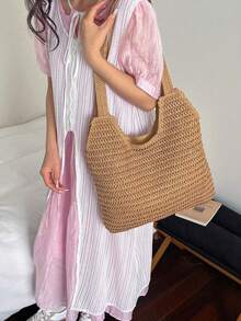 夏季草編海灘包 大容量手提包 度假風簡約百搭女包 - 卡其色 - 查看 3