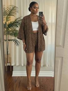 SHEIN Lady CURVE Casual Vintage Leopard Print Loose Plus Size 2 Pieces Set, Suitable For Summer - Multicolor - View 3
