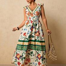 ghadjgyjad  Vestido largo de mujer talla grande con estampado floral tropical, cuello en V, mangas con volantes, cintura ceñida y falda en línea A, vestido romántico para vacaciones en primavera temprana - Multicolor - Ver 7