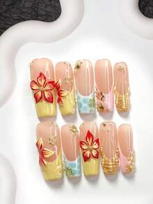 10pcs Handmade Summer Vacation Style Press-On Nail Set, Polymer Gel Embellished, Shell & Star Decor, Yellow/Pink/Blue Nail Polish, Includes Nail Tools, 3 Sizes Available, Almond/Duck/Coffin Shape, Suitable For Party, Dancing, Daily Wear - Multicolor - View 4