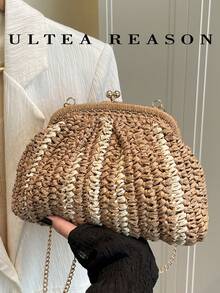 2026新款天然纖維手拿包，手工編織拉菲草夏季海灘包，草編包 - 卡其色 - 查看 3
