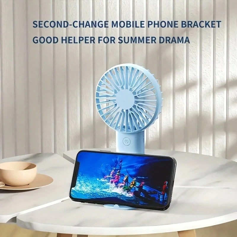 Mini USB Rechargeable Handheld Fan With Phone Holder Base, Portable Desktop Small Fan, Essential For - B - View 1