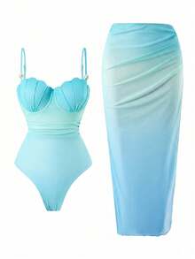 Swim Oasis Conjunto de traje de baño de 2 piezas de moda de alta gama para mujer con falda ajustado con abertura lateral fruncida, ajustable, con decoración de concha y degradado de color, para primavera/verano - verde menta - Ver 1