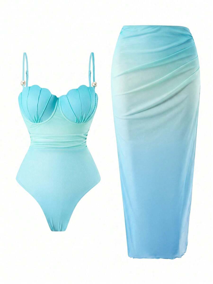 Swim Oasis Conjunto de traje de baño de 2 piezas de moda de alta gama para mujer con falda ajustado con abertura lateral fruncida, ajustable, con decoración de concha y degradado de color, para primavera/verano - verde menta - Ver 1