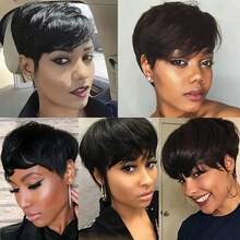 Short Straight Wigs Human Hair With Bangs | Natural Color, 150% Density, Non Lace, Rose Net Cap, 100% Real Human Hair For Daily Wear & Party Use - Natural Black - View 8