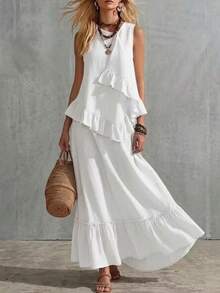 Women's Two-Piece Set, Sleeveless Ruffled Blouse And Long Ruffled Skirt - White - View 3