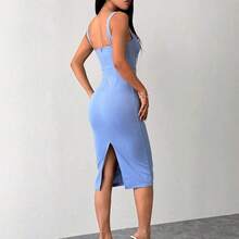 LunaCass8  PETITE Vestido midi ajustado y entallado con parte trasera dividida, copa de busto y cadera azul - Azul - Ver 3