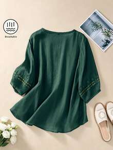 Áo nữ tay ngắn cổ tròn thêu họa tiết, kiểu dáng thường ngày, cỡ lớn, thích hợp mặc mùa hè. - màu xanh lá - Xem 3