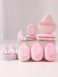 12pcs Makeup Tools Set: 3 Makeup Sponges For Liquid Makeup + 3 Triangle Powder Puffs For Loose Powder Setting Face Soft + 3 Finger Powder Puffs For Face Concealing Makeup + 3 Mini Makeup Sponges For Face Detail Concealing Foundation Liquid Concealer Application - Pink - View 1