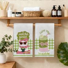 2PCS Healing Matcha Theme Cat Drink Print Microfiber Absorbent Kitchen Towels, 40*60cm Rectangular Dishcloth, Tablecloth, Hand Towel, Kitchen Decor, Neighbor Housewarming Gift, Kitchen Napkin And Dishcloth, Home Decor Gift - Green - View 10