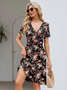 Womens Summer Dresses For Women 2026 Spring Floral Sundress Short Sleeve V Neck Wrap Dress With Pockets Festival Outfits Elegant Dress For Women Dress For Women - 01 黑色花卉 - 查看 3