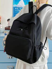 1個極簡純色學生背包附吊飾、蝴蝶結對比色背包,開學禮物,多口袋分類收納,大容量可存放筆電與教科書,側口袋抽繩後拉鍊隱藏口袋時尚背包,適合國小、國中、高中及大學生日常使用與旅行必備,高品質女款包袋是絕佳的節日禮物 - 彩色 - 查看 2