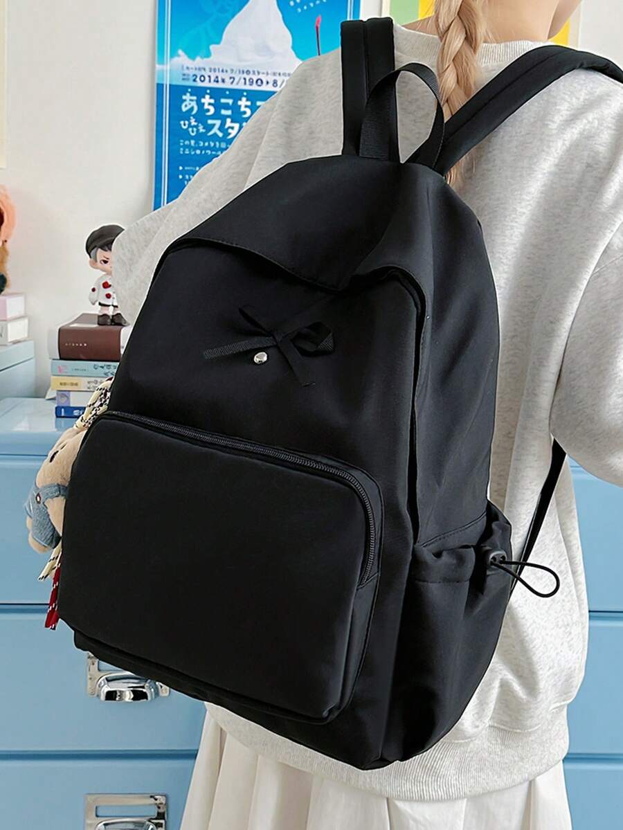 1個極簡純色學生背包附吊飾、蝴蝶結對比色背包，開學禮物，多口袋分類收納，大容量可存放筆電與教科書，側口袋抽繩後拉鍊隱藏口袋時尚背包，適合國小、國中、高中及大學生日常使用與旅行必備，高品質女款包袋是絕佳的節日禮物