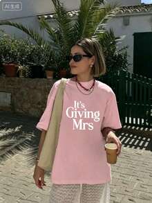 Bachelorette T Shirts Women,Its Giving Mrs Bride To Be Engagement Top,Summer Print Round Neck Short Sleeve,Graphic Tees,Cute,Party Outfit - 粉色 - 查看 3