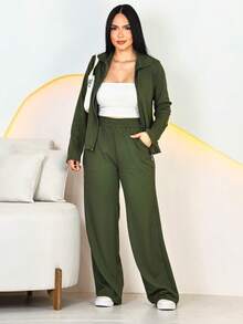 Women's Winter Set: Wide-Leg Pants, Zip-Up Top, Ribbed Knit Fabric (Fleece/Flannel), Elegant, Modern, Casual. - 軍綠色 - 查看 2