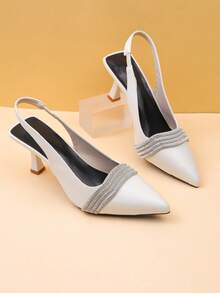 1 Pair Silver Teen Spring/Summer Rhinestone Pointed Toe Slingback Sandals, Matte PU Material + Multi-Layer Rhinestone Decor, Stiletto Heel With Elastic Back Strap Design, Versatile Commuter High Heels, Suitable For Office / Date / Party Occasions, 2026 New Women's Shoes - Silver - View 6