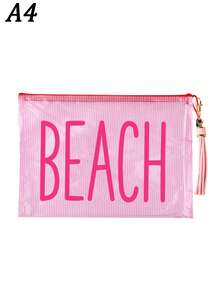 多色防水時尚網格海灘包，印有「Beach」字樣的化妝包，海灘主題。大容量透明化妝包，尼龍拉鍊盥洗包，輕巧，可存放防曬霜、零食、比基尼和海灘必需品。春夏季防曬收納，適合游泳、海灘、潛水和夏季度假，學生返校，送給朋友、家人、閨蜜、同學的禮物。生日、節日、派對、婚禮（伴娘）、郵輪必需品、畢業、暑假、返校、開學禮物 - 彩色 - 查看 23