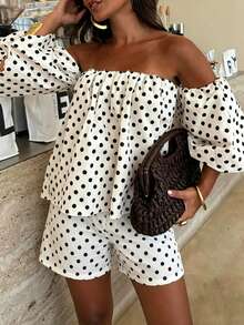 Women's Black & White Polka Dot Off-Shoulder Lantern Sleeve Loose Top And Elastic Waist Shorts 2-Piece Set, Suitable For Beach, Vacation, Summer, Valentine's Day, Beach Party, Travel, Daily Wear, Hangout With Friends - Black and White - View 4