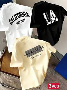 3 pièces/set T-shirts à manches courtes col rond avec imprimé de monuments urbains populaires pour garçons préadolescents, convient pour le port quotidien, le campus, le style de rue, hauts d'été à la mode - Noir - Voir 1