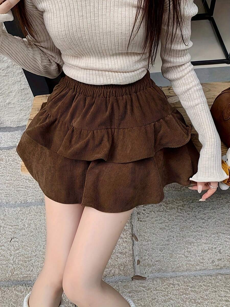 Falda Versátil de Talle Alto Estilo Pastel Picante - Marron oscuro - Ver 1