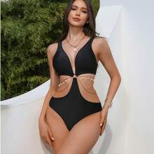 Sexy Backless One-Piece Solid Color Bikini Beach Swimsuit For Women - Black - View 3