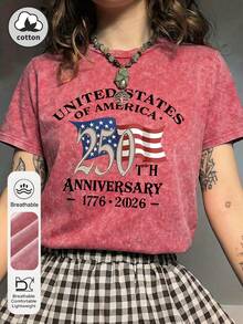 Plus Size Women's Summer Vacation Casual American July 4th Independence Day Print Round Neck Short Sleeve Red Washed T-Shirt - Red - View 4