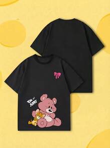 SHEIN X Tom & Jerry 女款酷短袖T恤，熊抱印花圓領上衣，寬鬆修身深色甜美風T恤，獨特風格休閒黑色 - 黑色 - 查看 2