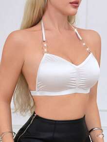 Women's Solid Color Pleated Design Circular Ring Comfortable Bra (Unpadded) - White - View 7