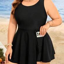 guang zhou mi qian shang mao Swim Lushoire Bañador de una sola pieza con pantalón corto tipo casual de unicolor para mujer talla grande para playa de verano - Negro01 - Ver 1