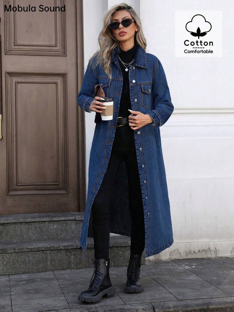 Mobula Sound#Spring/Summer Casual Fashion Versatile Elegant Preppy Y2K Front Button Long Trench Coat Denim Jacket For Women - Dark Wash - View 1