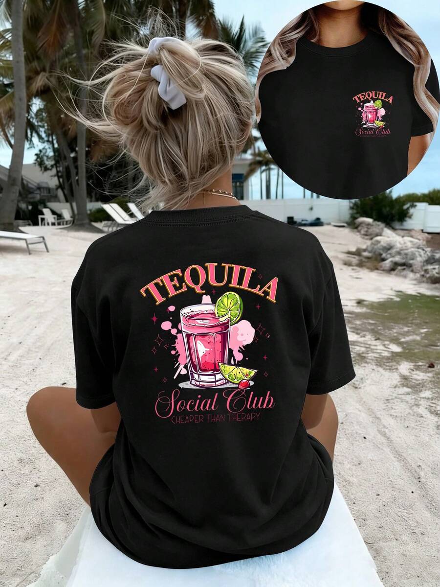 Camiseta de mujer elegante y a la moda con estampado de agave y lima estilo resort de primera calidad, top de manga corta casual, versátil, sencillo y cómodo, camiseta deportiva nueva para mujer, ropa de verano ecológica. - Negro - Ver 1