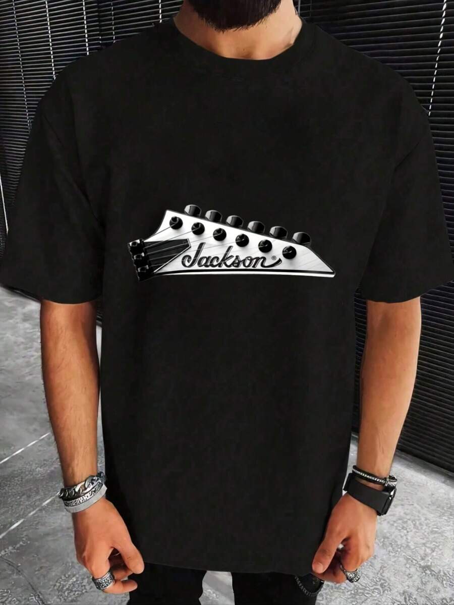 Men's Jackson Headstock Oversized T-Shirt - Officially Licensed Iconic Guitar Logo & Branding, Black & White Music Tee For Fans, Casual Wear & Outdoor Activities, Machine Washable (Jackson Logo Print, H-Line Fit) - Black - View 1