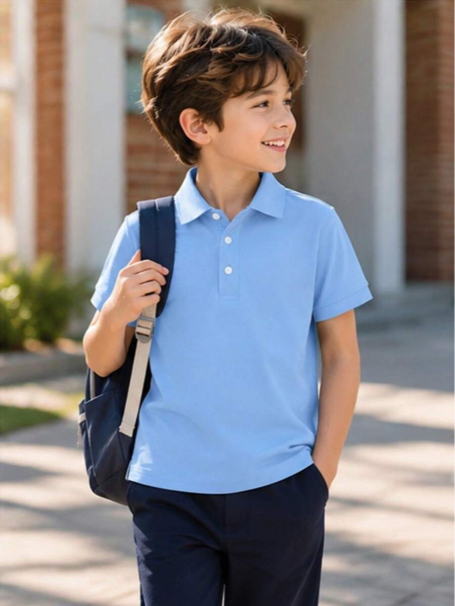 Young Boy Classic Blue Solid Color Short Sleeve Polo Shirt Suitable For Daily Outings, Gatherings, Performances And Activities - Dusty Blue - View 1