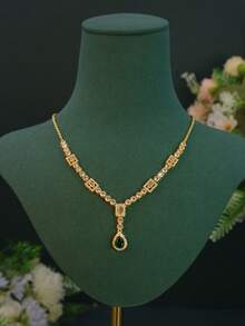 5pcs 18K Gold Plated Elegant Bridal Jewelry Set, Handcrafted With Green Cubic Zirconia, Including Necklace, Bracelet, Earrings, Ring, Suitable For Daily Wear And Wedding Ceremony, Wedding Anniversary Gift - Water Droplet Design Set - View 5