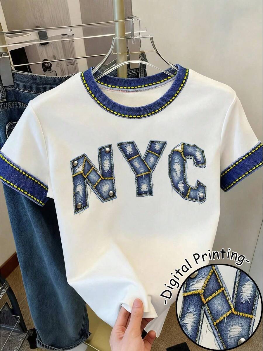 Camiseta de mujer de manga corta con cuello redondo, estampado de bandera americana y letras en bloques de color - Multicolor 3 - Ver 1