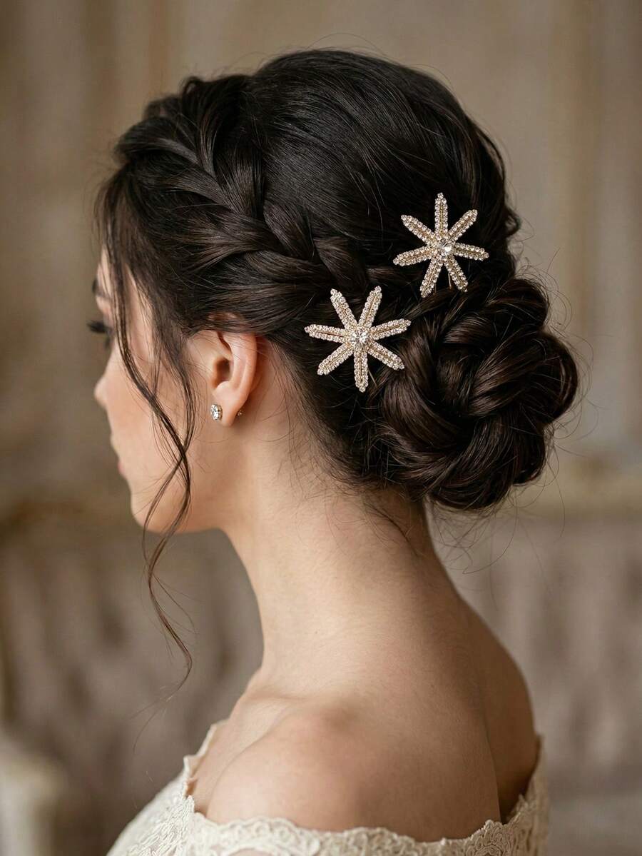 2 pièces Bâtons à cheveux étoilés en strass scintillants, accessoires de coiffure élégants pour chignon de mariée, ornements de cheveux luxueux pour banquet de mariage