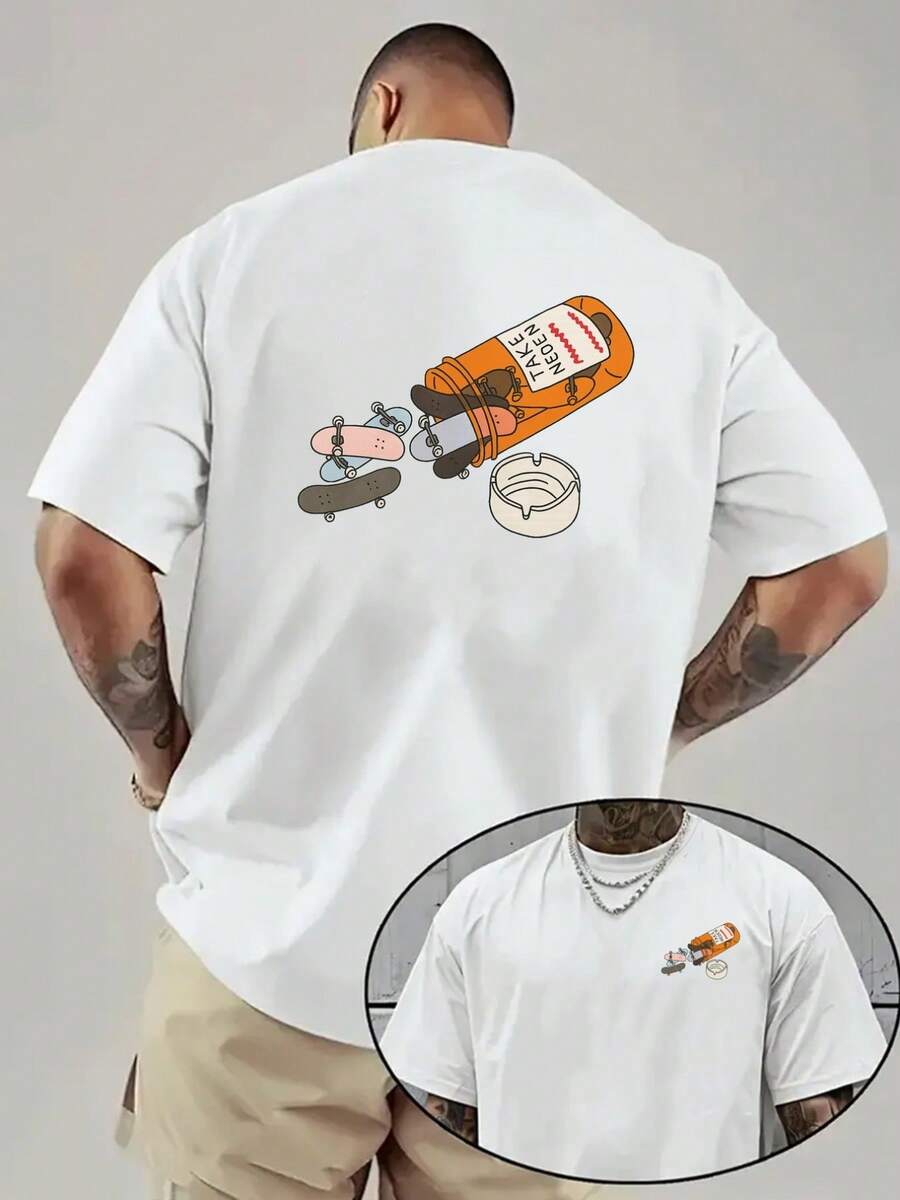 Camiseta de moda para hombre con estampado de doble cara inspirada en la cultura del skateboarding y los deportes extremos, adecuada para uso diario casual en casa o para actividades de fitn - Blanco - Ver 1