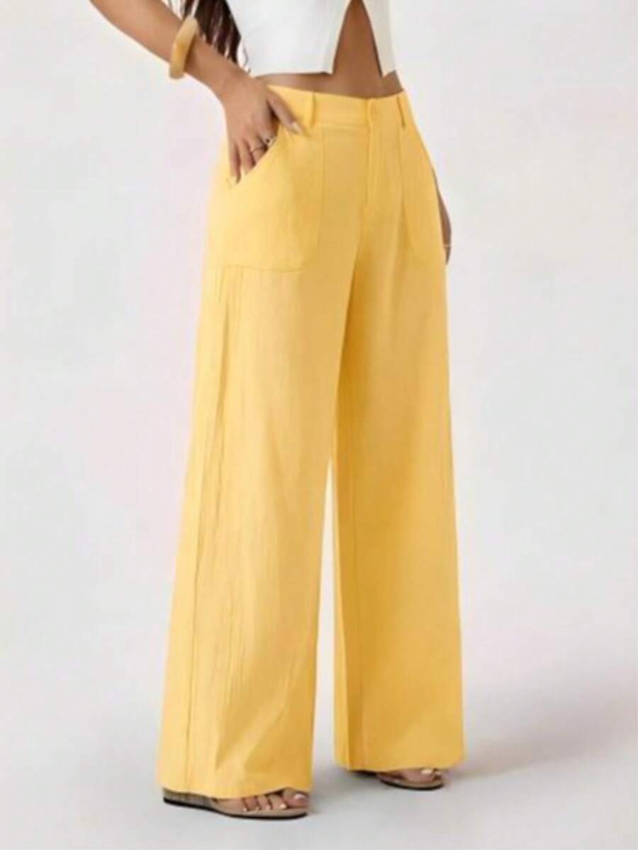 SUN 100% Washed Cotton Low Waist Straight Pants Linen Pants For Women Pants For Summer Cotton Pants Women Wide Leg Pants Women Pants For Summer, Fall, Fall Clothes For Women Pants For Summer - 黃色 - 查看 1