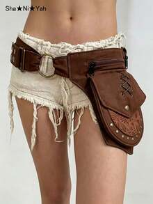 Retro Western Style Multi-Functional Waist Bag Belt, Dystopian Y2K Punk Rivet Wide Waist Cincher - Coffee Brown - View 1