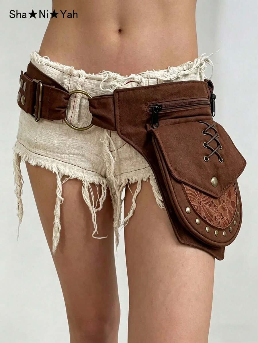 Retro Western Style Multi-Functional Waist Bag Belt, Dystopian Y2K Punk Rivet Wide Waist Cincher - Coffee Brown - View 1