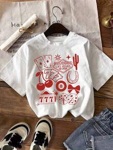 Minimalist. 100% Cotton. 1 Piece. Women's White Las Vegas Graphic T-Shirt. | Print Of Cherries, Playing Cards, Dice, And Stars With A Bold Number 777 Design - Lightweight And Breathable Casual Crew Neck Tee For Spring And Summer. - 白色 - 查看 1