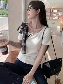 女款不對稱蝴蝶結設計露肩短袖修身內搭顯瘦上衣 白色 夏季 - 白色 - 查看 6
