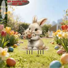 Flower-Holding Bunny Acrylic Garden Stake, 2D Flat Printed Rabbit Decoration, Waterproof Backyard Lawn Ornament - J - View 3