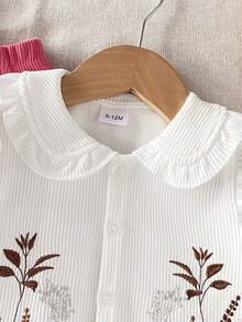 2pcs/Set Girls' Floral Embroidered Shirt With Peter Pan Collar And Brown Straight Leg Pants, Countryside Style Casual Outfit For Little Girls - Hot Pink - View 3