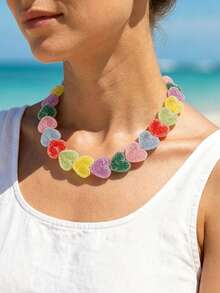1 Peça Colar Pingente com Contas em Formato de Coração de Cor Doce e Fofa, Banhado a Ouro 18K, Adequado para Festa e Uso Diário, Presente para Esposa, Mãe, Namorada, Joias Femininas - Multicolorido - Visão 4