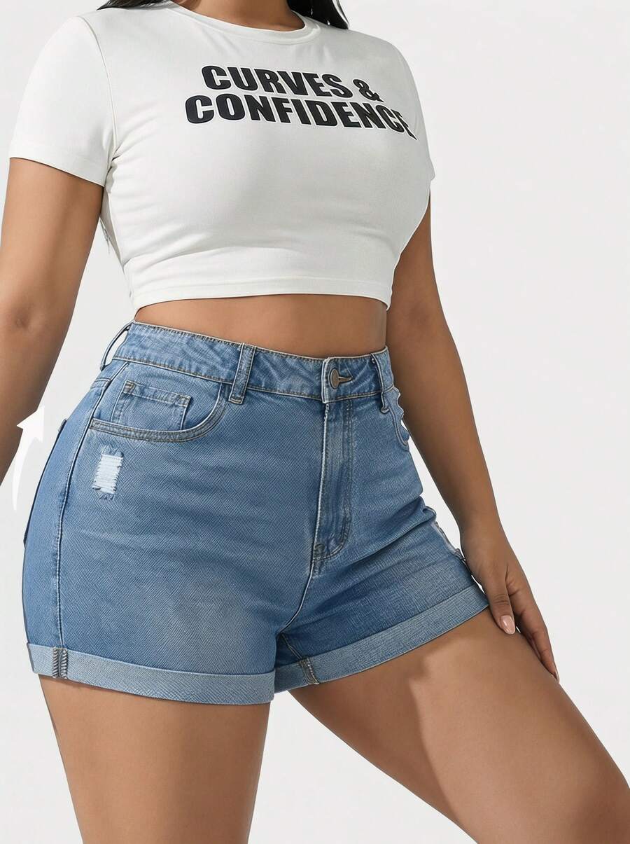 Women's Summer Fashionable Casual Slim Fit Plus Size Denim Shorts, Medium Stretch, With Distressed Ripped Hem Design, Suitable For Daily Wear