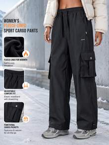 Women Fleece Lined Cargo Hiking Pants, Thermal Warm Outdoor Trousers, Multi Pockets Casual Sports Trekking Joggers, Soft Thickened Bottoms For Autumn Winter Daily Wear Camping Travel Walking Outdoor Activities - Black - View 3
