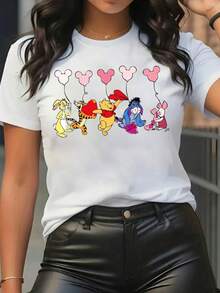Officially Licensed Disney Winnie The Pooh Tigger Piglet Rabbit Elsa Princess T-Shirt &Lt; &Gt;   New Summer Short Sleeve T-Shirt Top Women's Casual Fashion Printed T-Shirt Women's - 白色 - 查看 1