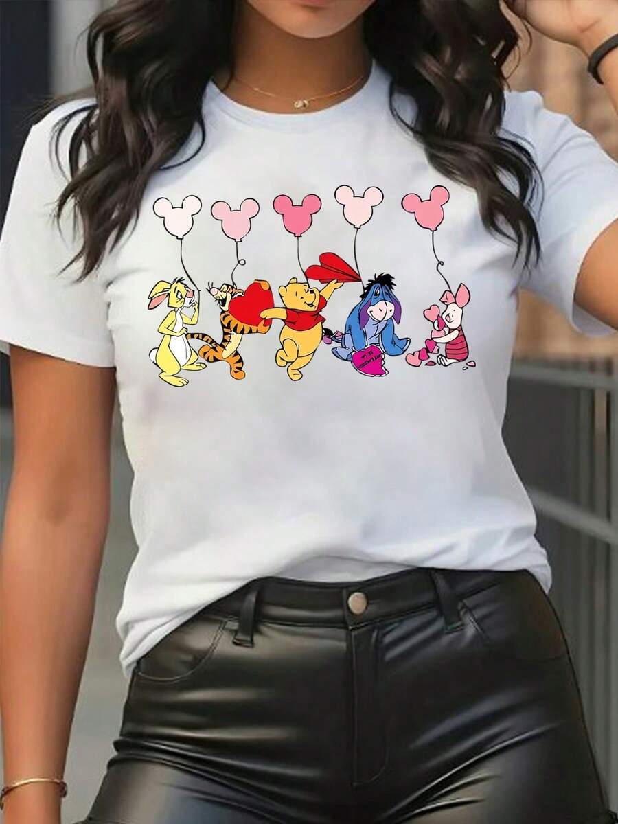 Officially Licensed Disney Winnie The Pooh Tigger Piglet Rabbit Elsa Princess T-Shirt ≪ ≫ New Summer Short Sleeve T-Shirt Top Women's Casual Fashion Printed T-Shirt Women's - 白色 - 查看 1